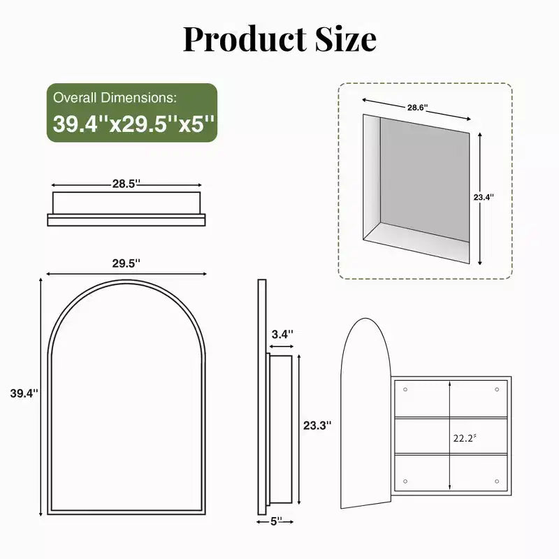 Armoire à pharmacie arquée avec miroir Armoire de toilette encastrée ou en surface Meuble de lavabo mural avec étagères réglables HD sans distorsion