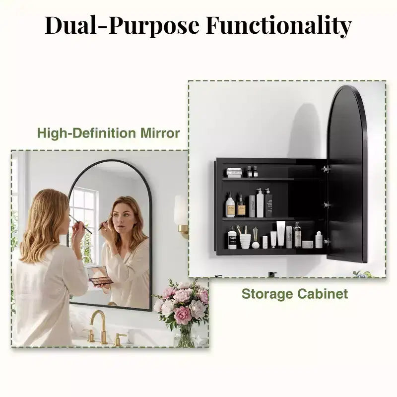 Armoire à pharmacie arquée avec miroir Armoire de toilette encastrée ou en surface Meuble de lavabo mural avec étagères réglables HD sans distorsion