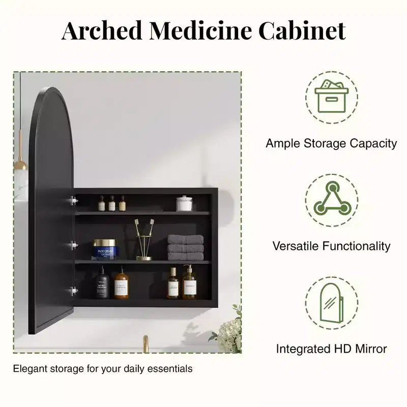 Armoire à pharmacie arquée avec miroir Armoire de toilette encastrée ou en surface Meuble de lavabo mural avec étagères réglables HD sans distorsion