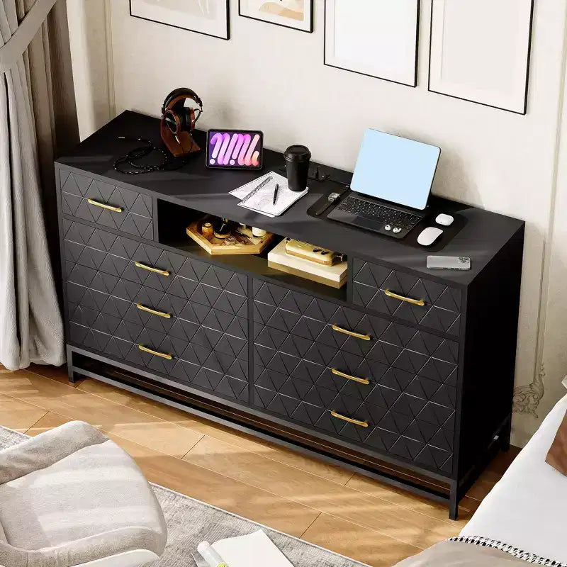Meuble TV avec commode en bois à 8 tiroirs de 55 pouces. Commode avec lumières LED et prise de courant. Organisateur de rangement pour chambre à coucher, salon et placard.