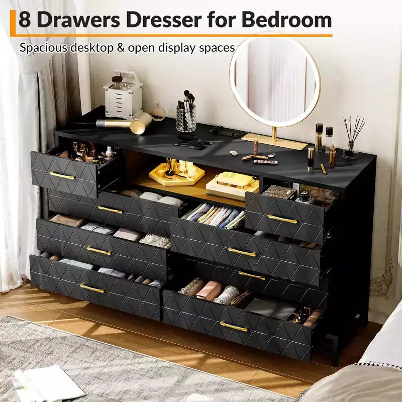 Meuble TV avec commode en bois à 8 tiroirs de 55 pouces. Commode avec lumières LED et prise de courant. Organisateur de rangement pour chambre à coucher, salon et placard.