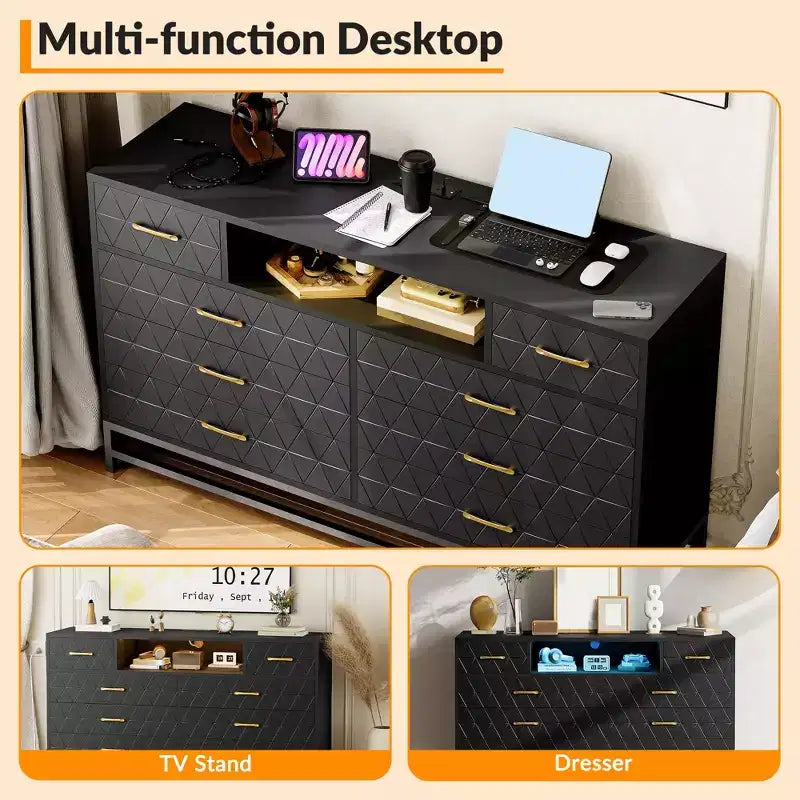 Meuble TV avec commode en bois à 8 tiroirs de 55 pouces. Commode avec lumières LED et prise de courant. Organisateur de rangement pour chambre à coucher, salon et placard.