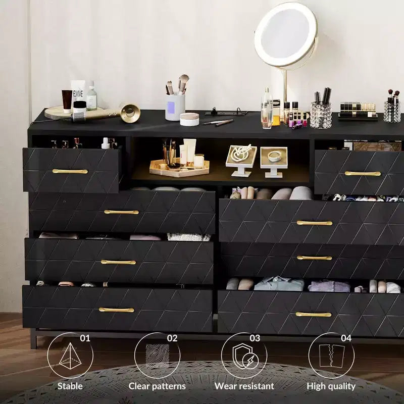Meuble TV avec commode en bois à 8 tiroirs de 55 pouces. Commode avec lumières LED et prise de courant. Organisateur de rangement pour chambre à coucher, salon et placard.