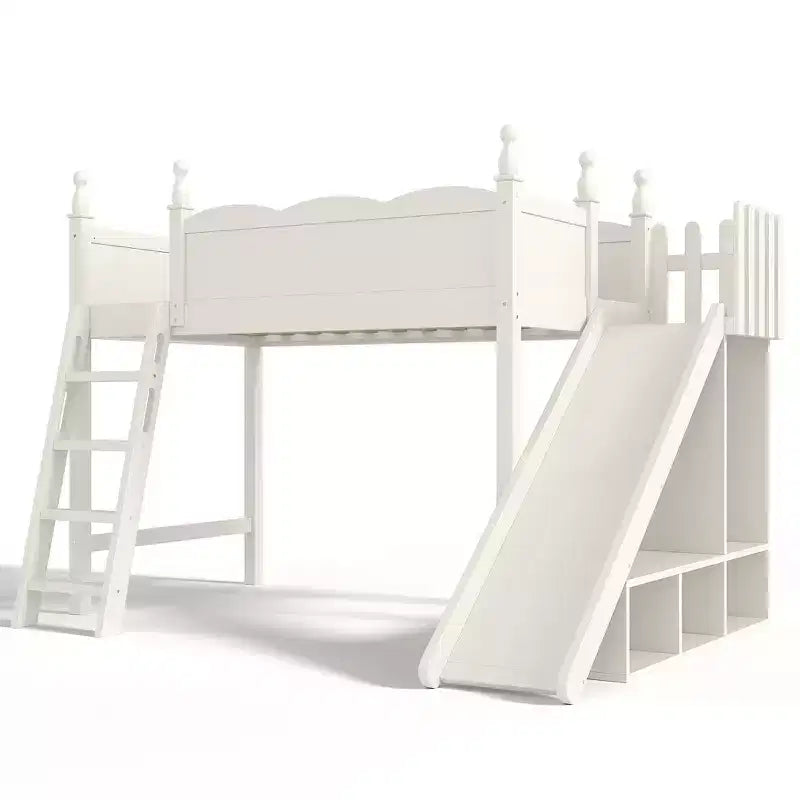 Lit mezzanine Bellemave avec étagères de rangement et armoire, cadre de lit mezzanine en bois massif avec toboggan et échelles détachables pour enfants