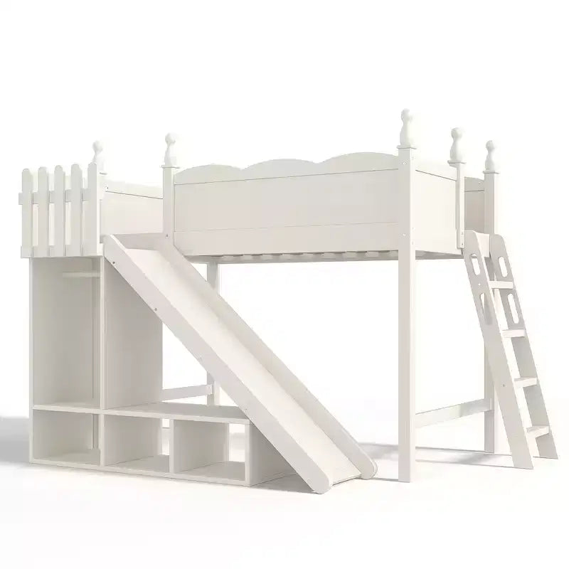 Lit mezzanine Bellemave avec étagères de rangement et armoire, cadre de lit mezzanine en bois massif avec toboggan et échelles détachables pour enfants
