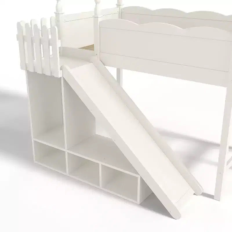 Lit mezzanine Bellemave avec étagères de rangement et armoire, cadre de lit mezzanine en bois massif avec toboggan et échelles détachables pour enfants