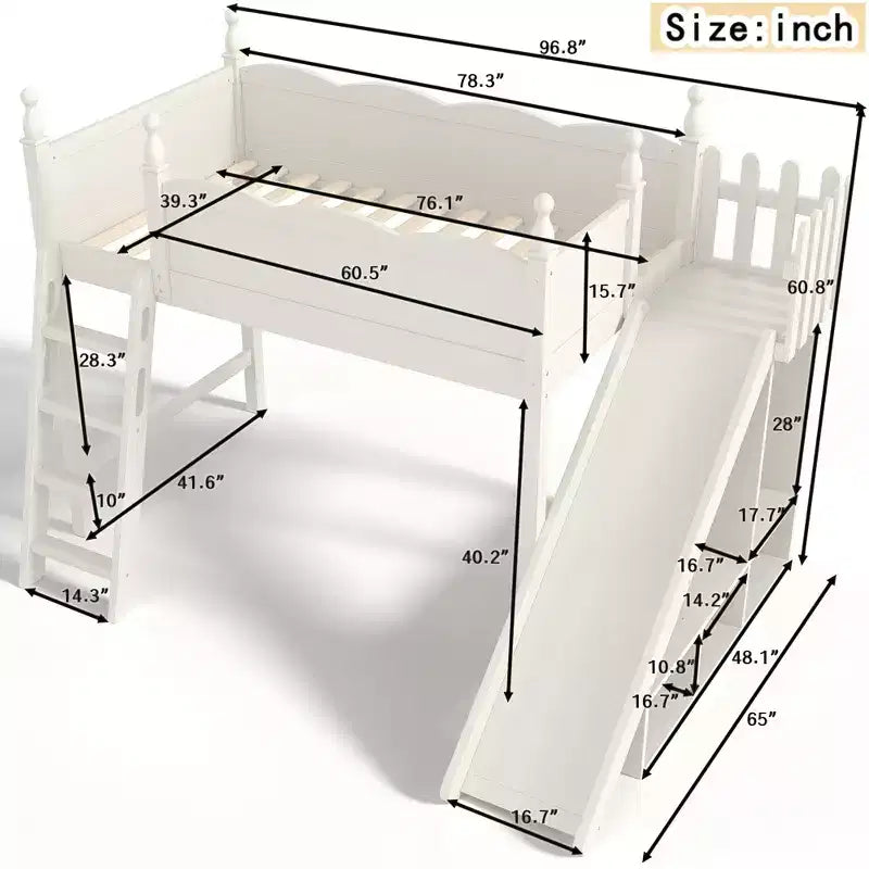 Lit mezzanine Bellemave avec étagères de rangement et armoire, cadre de lit mezzanine en bois massif avec toboggan et échelles détachables pour enfants