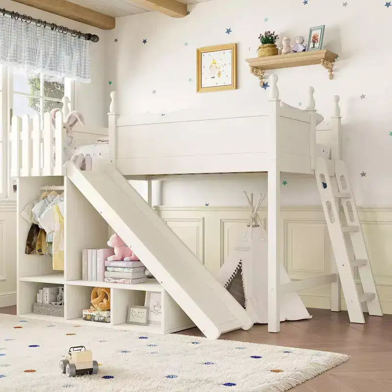 Lit mezzanine Bellemave avec étagères de rangement et armoire, cadre de lit mezzanine en bois massif avec toboggan et échelles détachables pour enfants