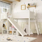 Lit mezzanine Bellemave avec étagères de rangement et armoire, cadre de lit mezzanine en bois massif avec toboggan et échelles détachables pour enfants