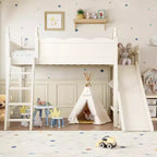 Lit mezzanine Bellemave avec étagères de rangement et armoire, cadre de lit mezzanine en bois massif avec toboggan et échelles détachables pour enfants