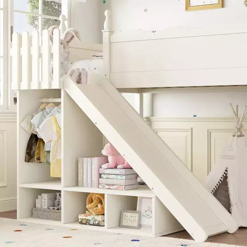 Lit mezzanine Bellemave avec étagères de rangement et armoire, cadre de lit mezzanine en bois massif avec toboggan et échelles détachables pour enfants