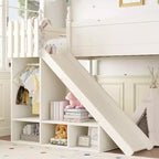 Lit mezzanine Bellemave avec étagères de rangement et armoire, cadre de lit mezzanine en bois massif avec toboggan et échelles détachables pour enfants
