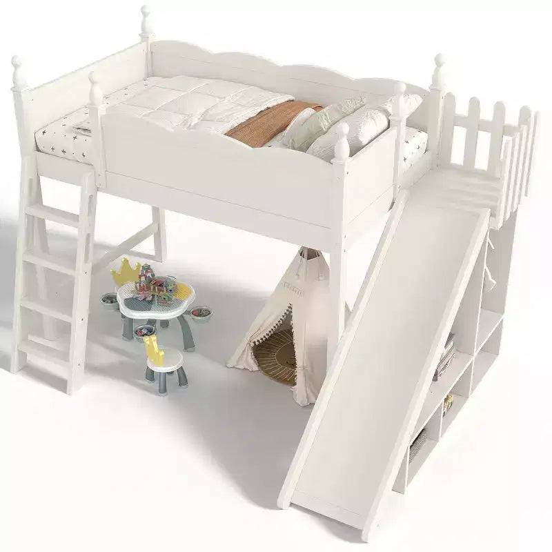 Lit mezzanine Bellemave avec étagères de rangement et armoire, cadre de lit mezzanine en bois massif avec toboggan et échelles détachables pour enfants