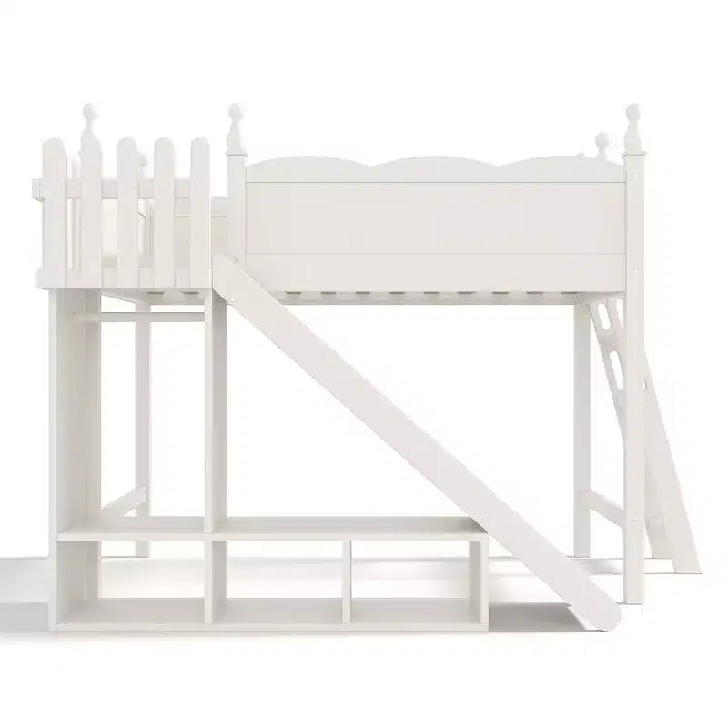 Lit mezzanine Bellemave avec étagères de rangement et armoire, cadre de lit mezzanine en bois massif avec toboggan et échelles détachables pour enfants