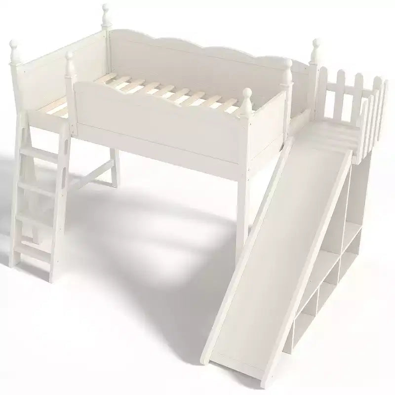 Lit mezzanine Bellemave avec étagères de rangement et armoire, cadre de lit mezzanine en bois massif avec toboggan et échelles détachables pour enfants