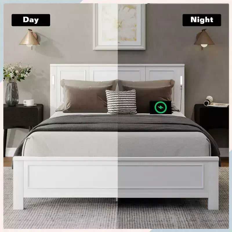 Cadre de lit de ferme Clihome avec tête de lit haute, lumières LED et station de charge USB