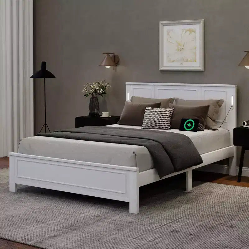 Cadre de lit de ferme Clihome avec tête de lit haute, lumières LED et station de charge USB
