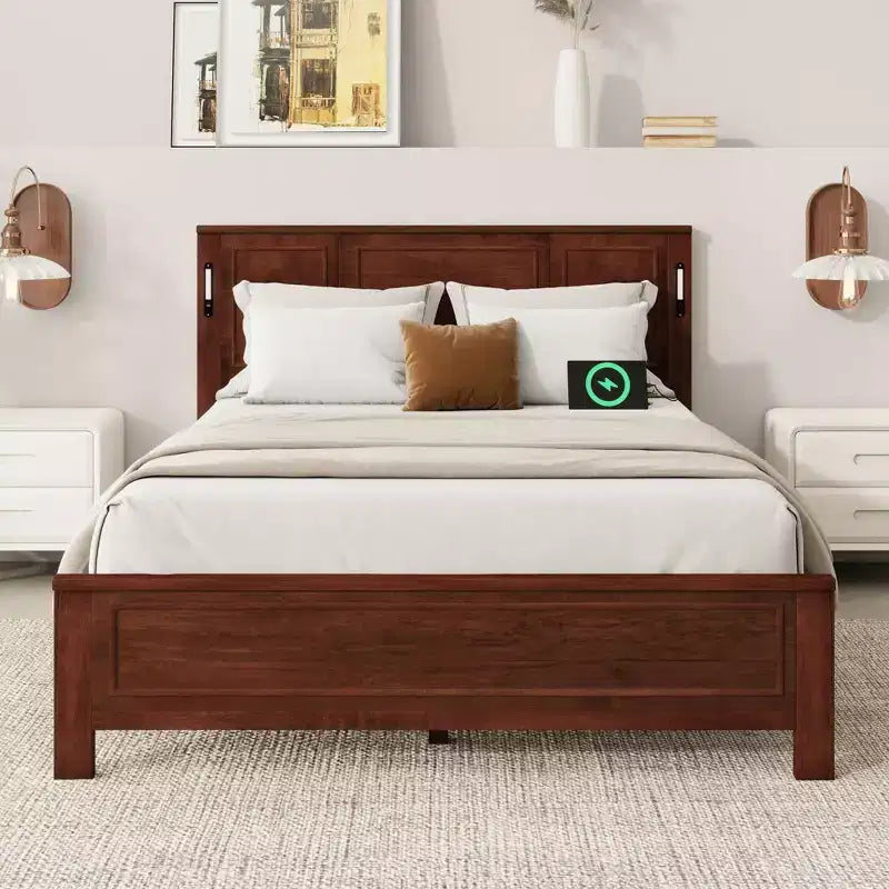 Clihome Farmhouse Bed Frame with Tall Headboard, LED Lights & USB Charging Station