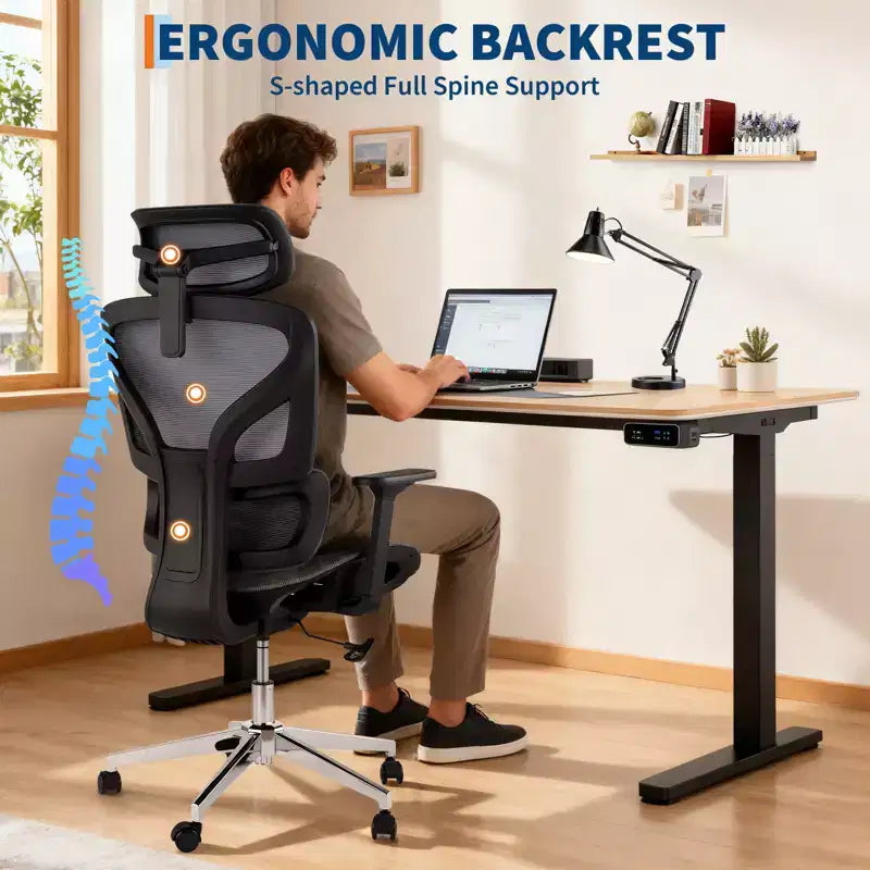 Chaise de bureau ergonomique en maille à dossier haut - accoudoirs réglables 4D, support lombaire dynamique, assise coulissante, appui-tête et roulettes silencieuses