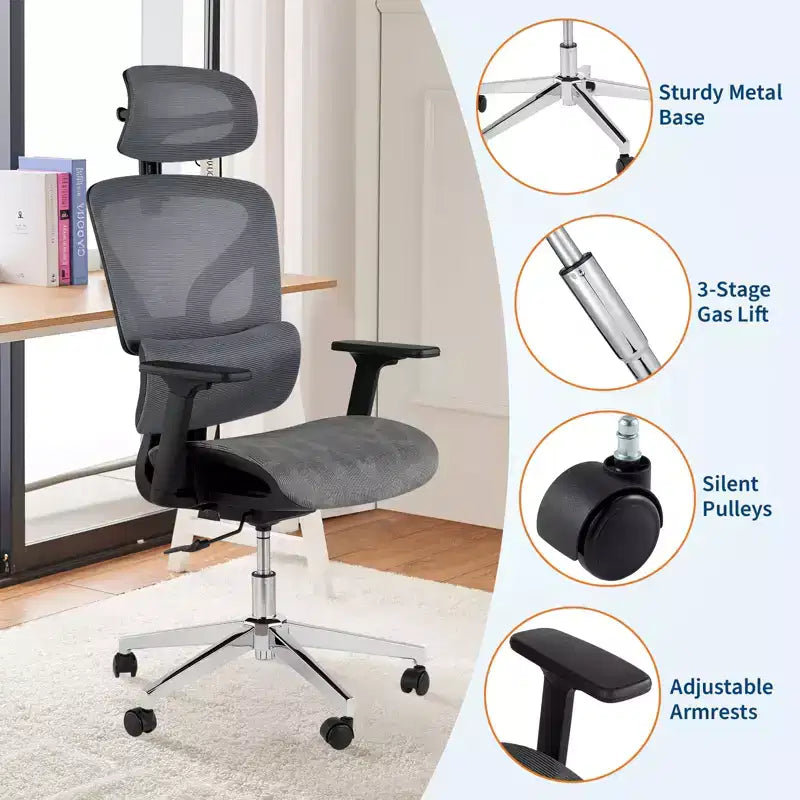 Chaise de bureau ergonomique en maille à dossier haut - accoudoirs réglables 4D, support lombaire dynamique, assise coulissante, appui-tête et roulettes silencieuses