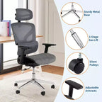 Chaise de bureau ergonomique en maille à dossier haut - accoudoirs réglables 4D, support lombaire dynamique, assise coulissante, appui-tête et roulettes silencieuses