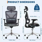 Chaise de bureau ergonomique en maille à dossier haut - accoudoirs réglables 4D, support lombaire dynamique, assise coulissante, appui-tête et roulettes silencieuses