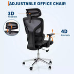 Chaise de bureau ergonomique en maille à dossier haut - accoudoirs réglables 4D, support lombaire dynamique, assise coulissante, appui-tête et roulettes silencieuses