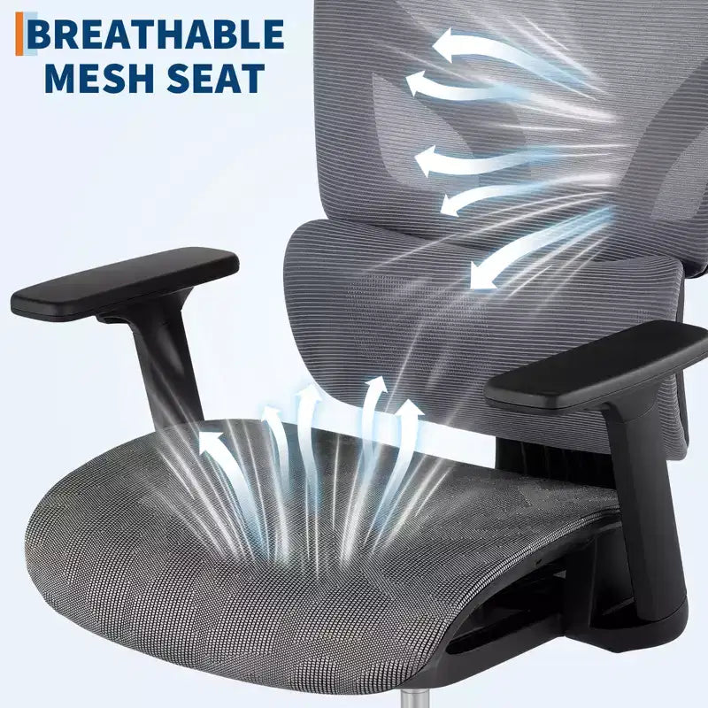 Chaise de bureau ergonomique en maille à dossier haut - accoudoirs réglables 4D, support lombaire dynamique, assise coulissante, appui-tête et roulettes silencieuses