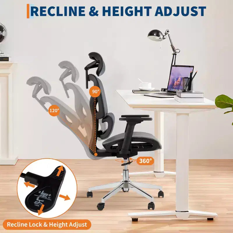 Chaise de bureau ergonomique en maille à dossier haut - accoudoirs réglables 4D, support lombaire dynamique, assise coulissante, appui-tête et roulettes silencieuses