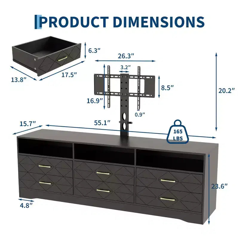 Meuble TV avec support pour téléviseurs de 35 à 85 pouces, centre de divertissement à 6 tiroirs, console média de rangement réglable pour salon