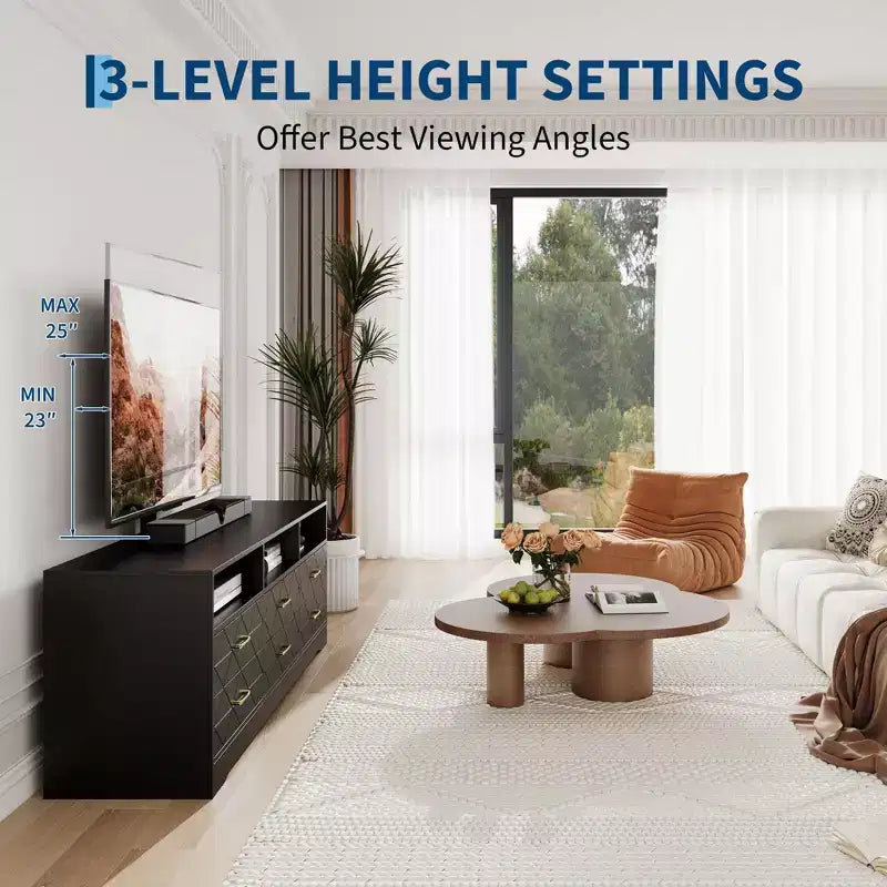 Meuble TV avec support pour téléviseurs de 35 à 85 pouces, centre de divertissement à 6 tiroirs, console média de rangement réglable pour salon