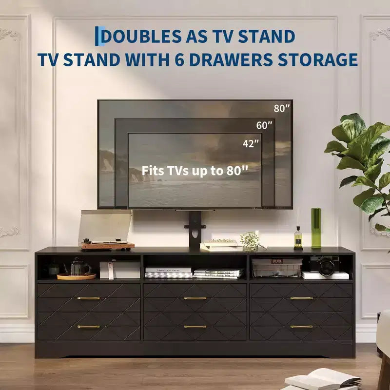 Meuble TV avec support pour téléviseurs de 35 à 85 pouces, centre de divertissement à 6 tiroirs, console média de rangement réglable pour salon