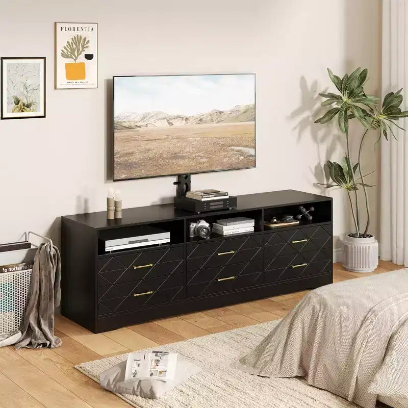 Meuble TV avec support pour téléviseurs de 35 à 85 pouces, centre de divertissement à 6 tiroirs, console média de rangement réglable pour salon