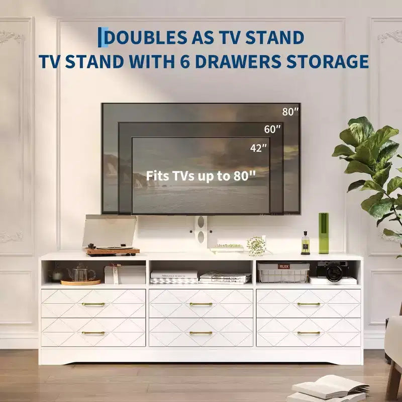 Meuble TV avec support pour téléviseurs de 35 à 85 pouces, centre de divertissement à 6 tiroirs, console média de rangement réglable pour salon