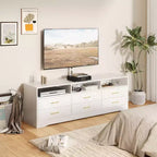 Meuble TV avec support pour téléviseurs de 35 à 85 pouces, centre de divertissement à 6 tiroirs, console média de rangement réglable pour salon