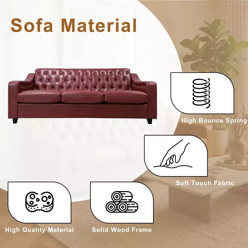 Dyonery 78.7 Chesterfield Canapé 3 places en Faux Cuir, Grand Canapé Mid-Century, Banquette Capitonnée Classique, Canapé Moderne en PU avec Dossier Capitonnée