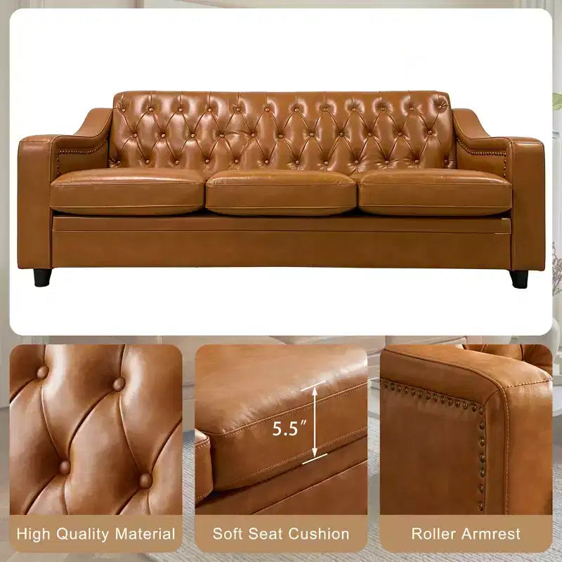 Dyonery 78.7 Chesterfield Canapé 3 places en Faux Cuir, Grand Canapé Mid-Century, Banquette Capitonnée Classique, Canapé Moderne en PU avec Dossier Capitonnée