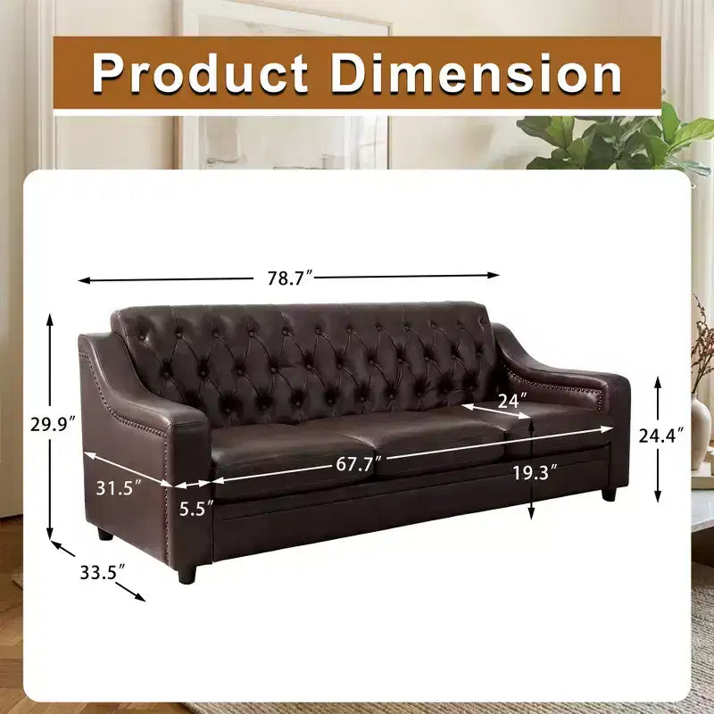Dyonery 78.7 Chesterfield Canapé 3 places en Faux Cuir, Grand Canapé Mid-Century, Banquette Capitonnée Classique, Canapé Moderne en PU avec Dossier Capitonnée