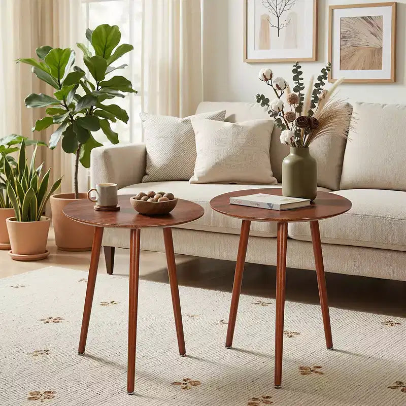 Table d'appoint ronde VECELO de style moderne Mid-Century, table d'appoint à grain de bois avec pieds fuselés pour salon, marron
