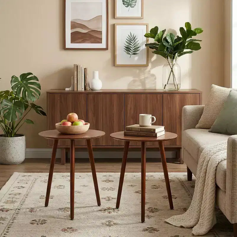 Table d'appoint ronde VECELO de style moderne Mid-Century, table d'appoint à grain de bois avec pieds fuselés pour salon, marron