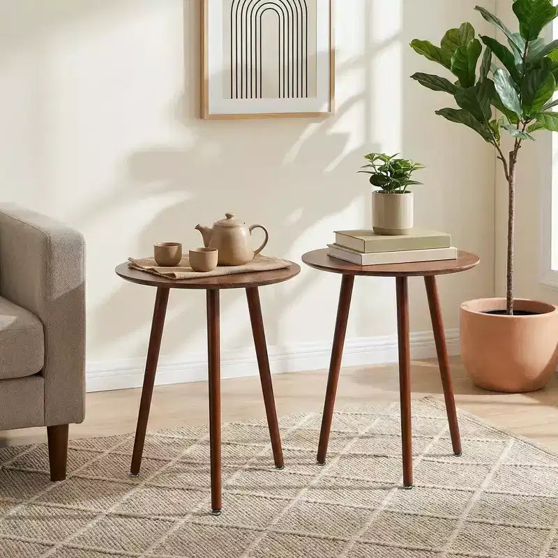 Table d'appoint ronde VECELO de style moderne Mid-Century, table d'appoint à grain de bois avec pieds fuselés pour salon, marron