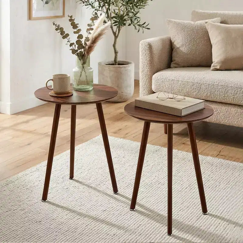 Table d'appoint ronde VECELO de style moderne Mid-Century, table d'appoint à grain de bois avec pieds fuselés pour salon, marron