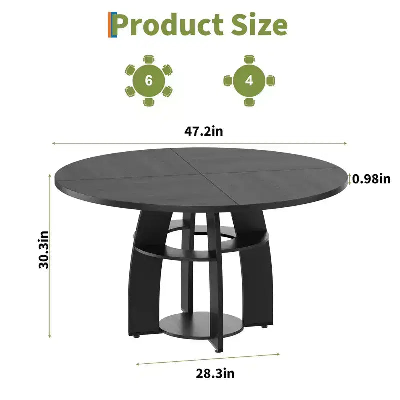 Table de salle à manger ronde de 119 cm pour 4 à 6 personnes, avec étagère de rangement, pieds réglables, surface facile à nettoyer