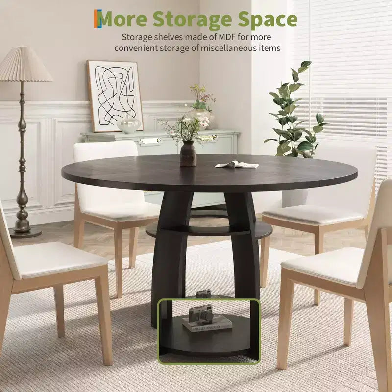 Table de salle à manger ronde de 119 cm pour 4 à 6 personnes, avec étagère de rangement, pieds réglables, surface facile à nettoyer