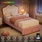 Cadre de lit double avec tiroir et lumières LED, lit plateforme en velours avec tête de lit en forme de pétale, robuste pour les enfants filles, aucun sommier tapissier requis