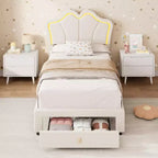 Cadre de lit double avec tiroir et lumières LED, lit plateforme en velours avec tête de lit en forme de pétale, robuste pour les enfants filles, aucun sommier tapissier requis