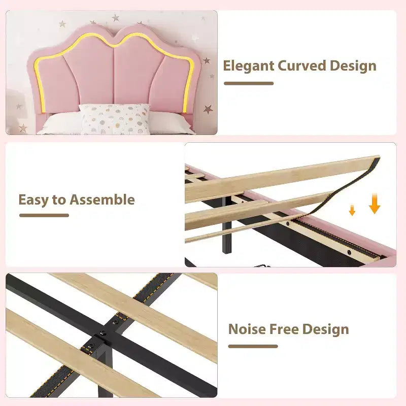 Cadre de lit double avec tiroir et lumières LED, lit plateforme en velours avec tête de lit en forme de pétale, robuste pour les enfants filles, aucun sommier tapissier requis
