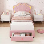 Cadre de lit double avec tiroir et lumières LED, lit plateforme en velours avec tête de lit en forme de pétale, robuste pour les enfants filles, aucun sommier tapissier requis
