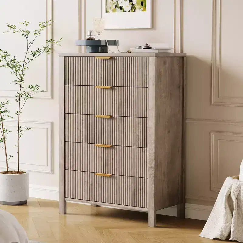 Commode de chambre à 5 tiroirs, table de chevet étroite cannelée de 111 cm de haut, armoire de rangement en bois, organisateur de rangement pour entrée de salon.