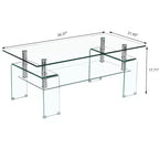 Table basse rectangulaire en verre transparent, table basse centrale moderne à 2 niveaux avec rangement pour salon
